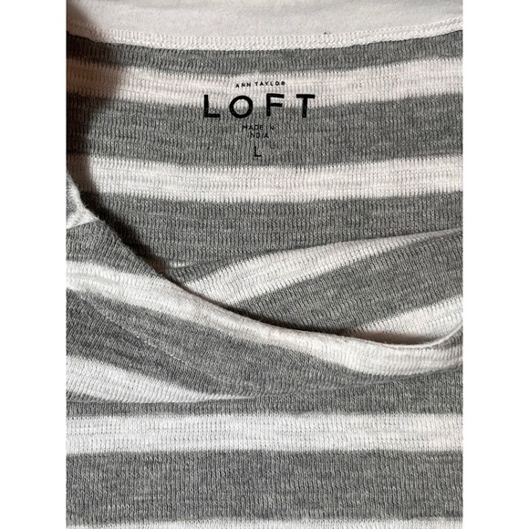 Ann Taylor Loft Gray White Striped Long Sleeve L Cotton Casual Boatneck Shirt - Picture 3 of 7